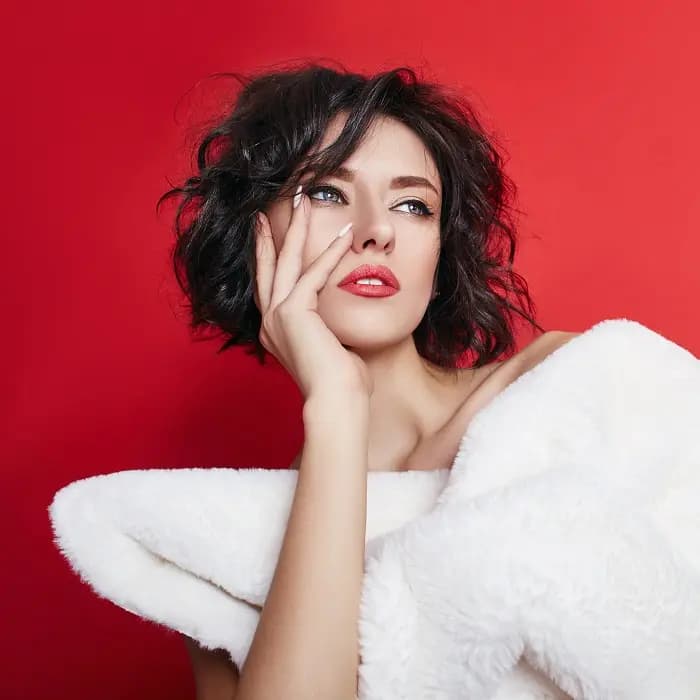 Model portrait on red background